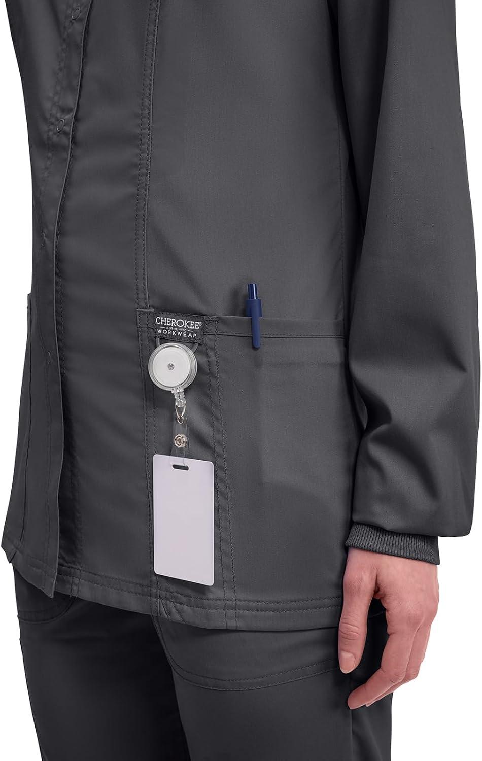 imageCherokee Womens Scrub Jacket Nurse Snap Front Medical Uniform with Pockets 2Way Stretch Easy Care Soft Fabric WW310Pewter