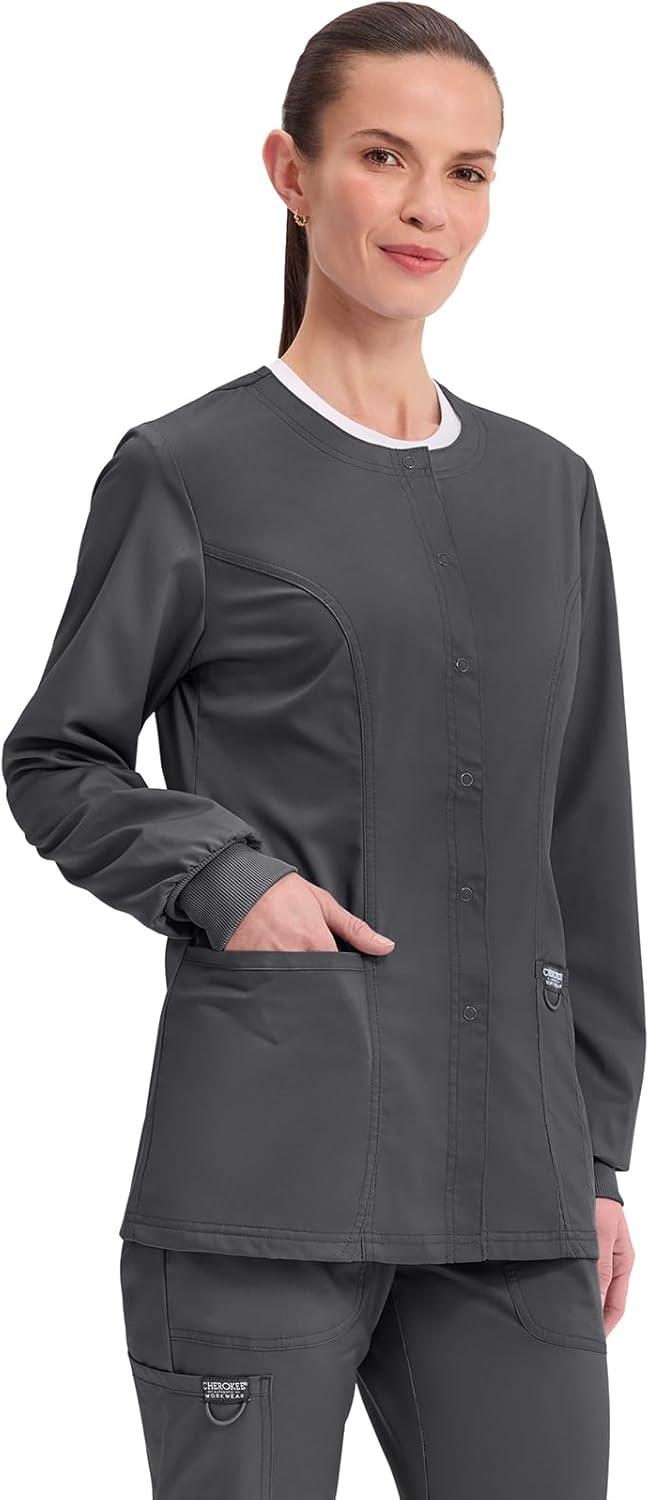 imageCherokee Womens Scrub Jacket Nurse Snap Front Medical Uniform with Pockets 2Way Stretch Easy Care Soft Fabric WW310Pewter