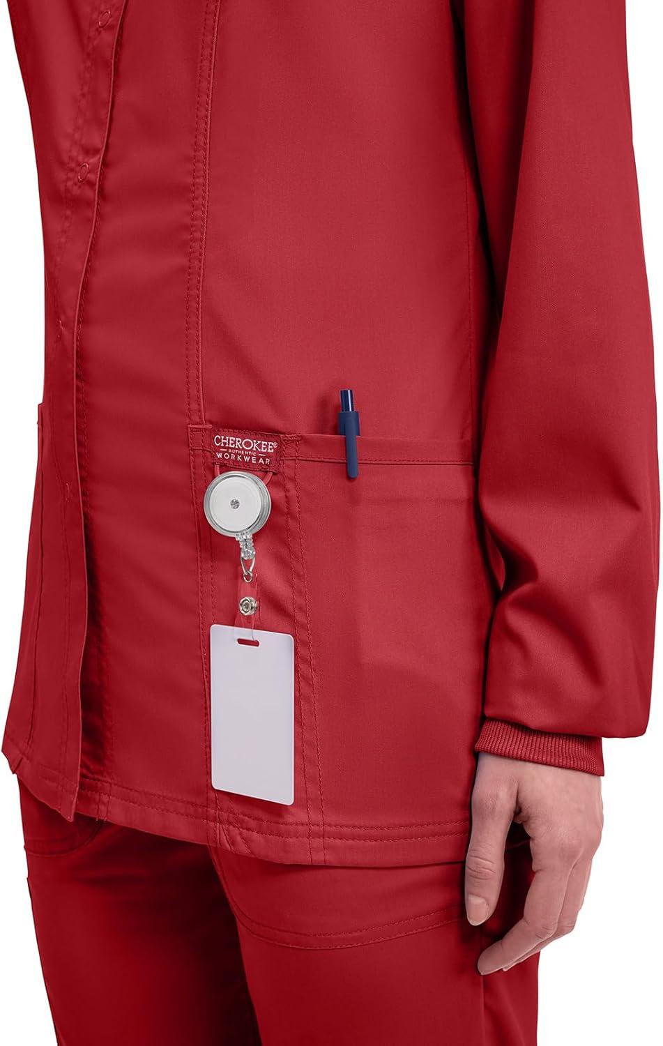 imageCherokee Womens Scrub Jacket Nurse Snap Front Medical Uniform with Pockets 2Way Stretch Easy Care Soft Fabric WW310Red