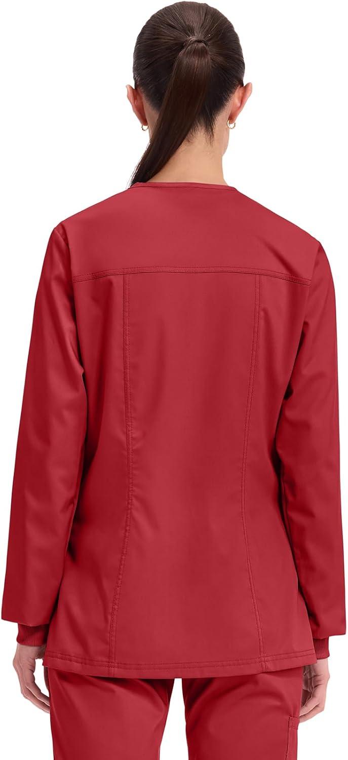 imageCherokee Womens Scrub Jacket Nurse Snap Front Medical Uniform with Pockets 2Way Stretch Easy Care Soft Fabric WW310Red