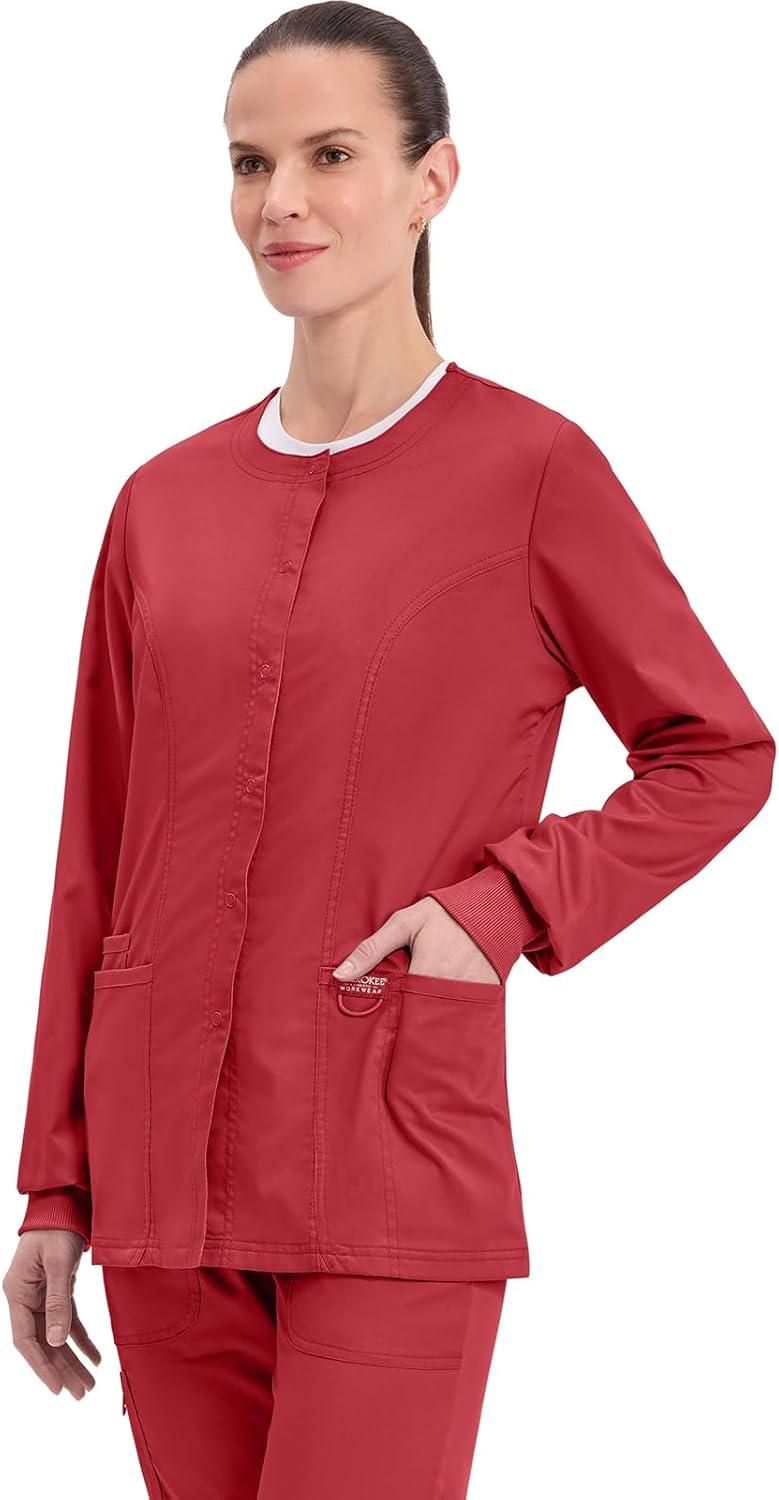 imageCherokee Womens Scrub Jacket Nurse Snap Front Medical Uniform with Pockets 2Way Stretch Easy Care Soft Fabric WW310Red