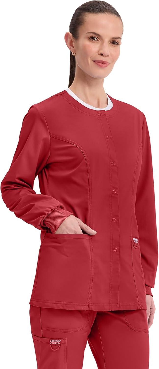 imageCherokee Womens Scrub Jacket Nurse Snap Front Medical Uniform with Pockets 2Way Stretch Easy Care Soft Fabric WW310Red