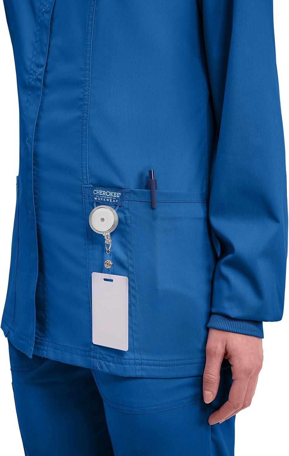 imageCherokee Womens Scrub Jacket Nurse Snap Front Medical Uniform with Pockets 2Way Stretch Easy Care Soft Fabric WW310Royal