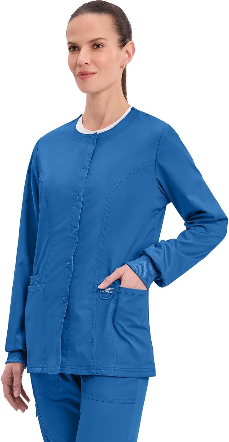imageCherokee Womens Scrub Jacket Nurse Snap Front Medical Uniform with Pockets 2Way Stretch Easy Care Soft Fabric WW310Royal