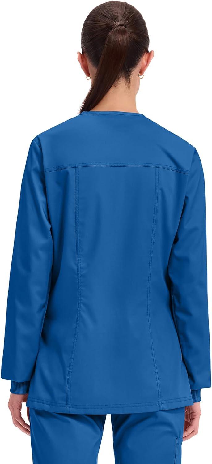 imageCherokee Womens Scrub Jacket Nurse Snap Front Medical Uniform with Pockets 2Way Stretch Easy Care Soft Fabric WW310Royal