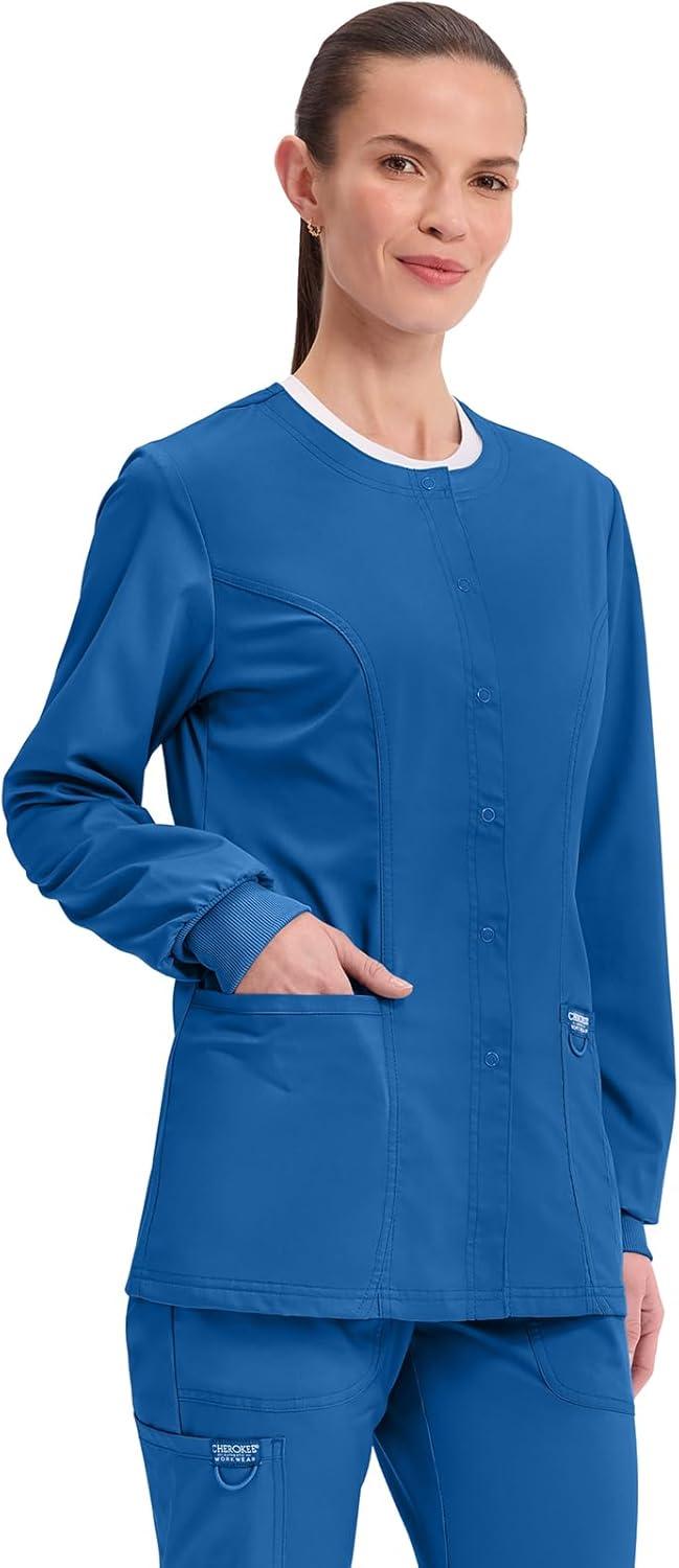 imageCherokee Womens Scrub Jacket Nurse Snap Front Medical Uniform with Pockets 2Way Stretch Easy Care Soft Fabric WW310Royal