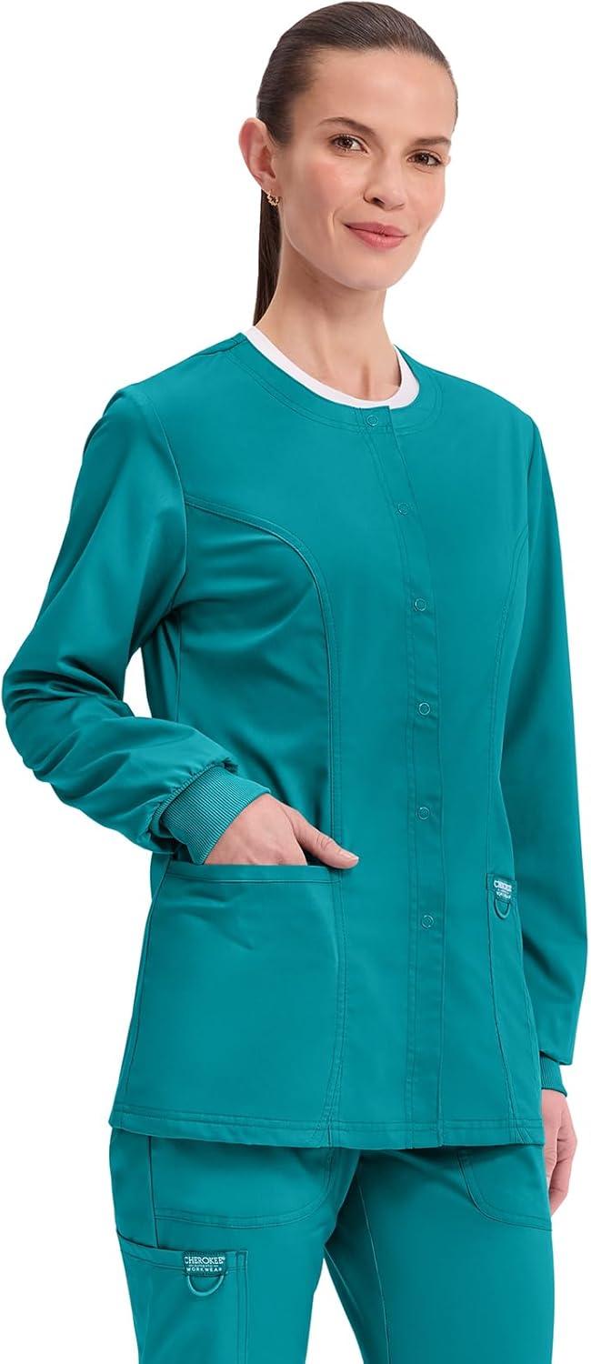 imageCherokee Womens Scrub Jacket Nurse Snap Front Medical Uniform with Pockets 2Way Stretch Easy Care Soft Fabric WW310Teal Blue
