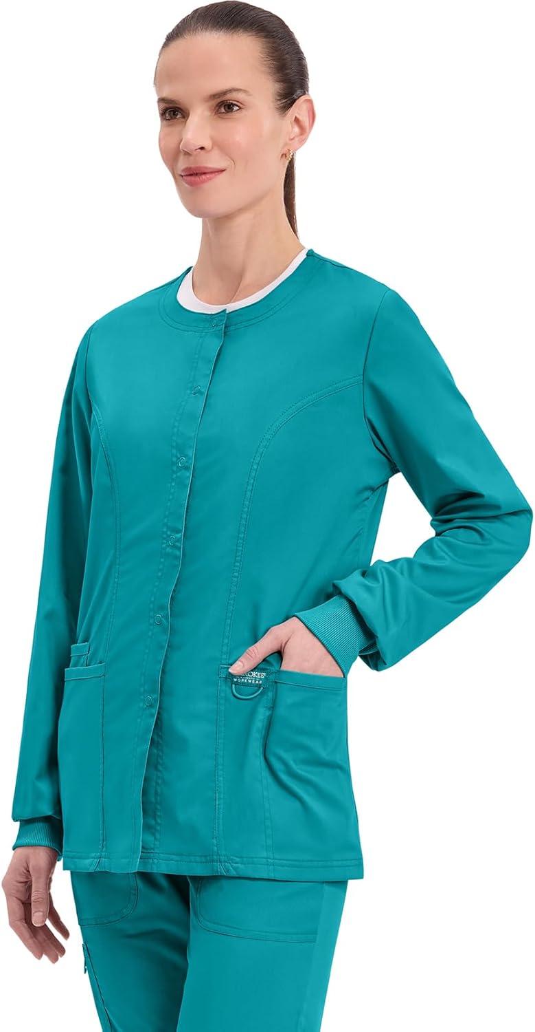 imageCherokee Womens Scrub Jacket Nurse Snap Front Medical Uniform with Pockets 2Way Stretch Easy Care Soft Fabric WW310Teal Blue