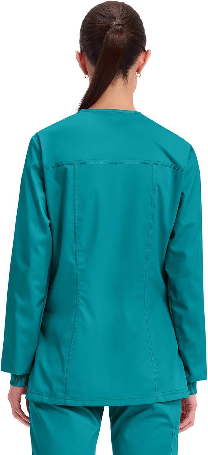 imageCherokee Womens Scrub Jacket Nurse Snap Front Medical Uniform with Pockets 2Way Stretch Easy Care Soft Fabric WW310Teal Blue