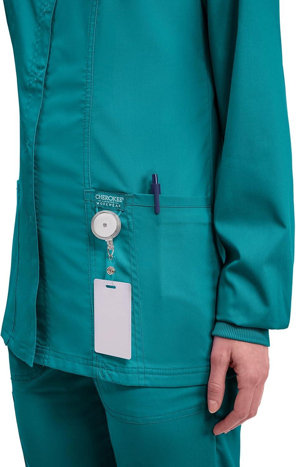 imageCherokee Womens Scrub Jacket Nurse Snap Front Medical Uniform with Pockets 2Way Stretch Easy Care Soft Fabric WW310Teal Blue