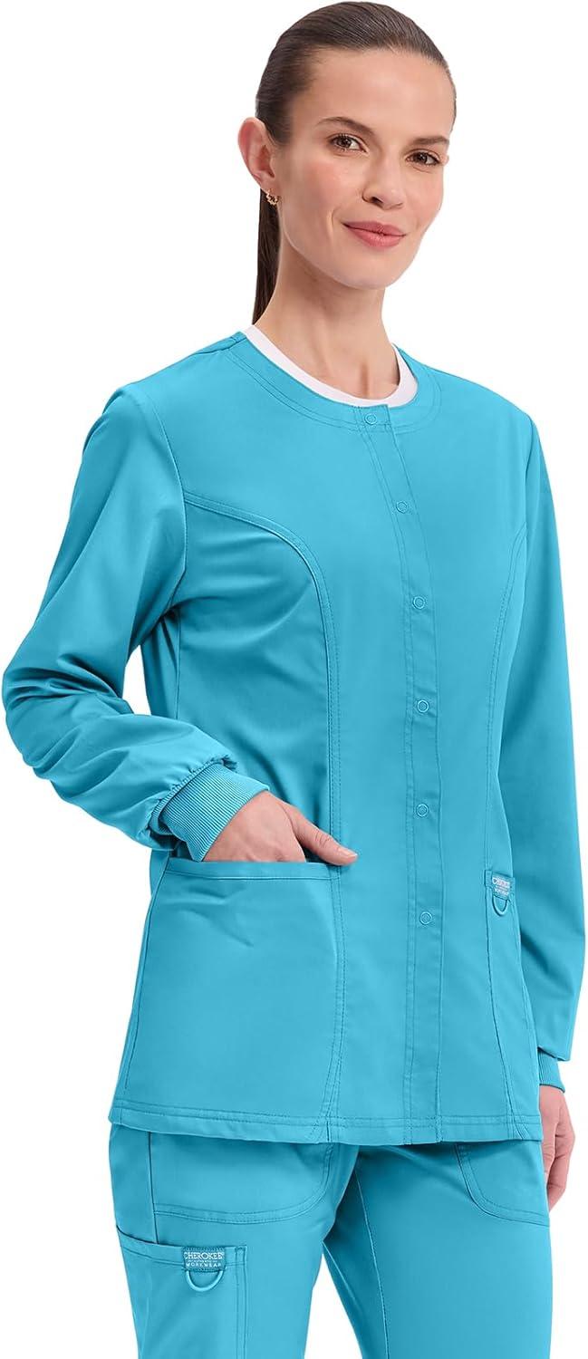 imageCherokee Womens Scrub Jacket Nurse Snap Front Medical Uniform with Pockets 2Way Stretch Easy Care Soft Fabric WW310Turquoise