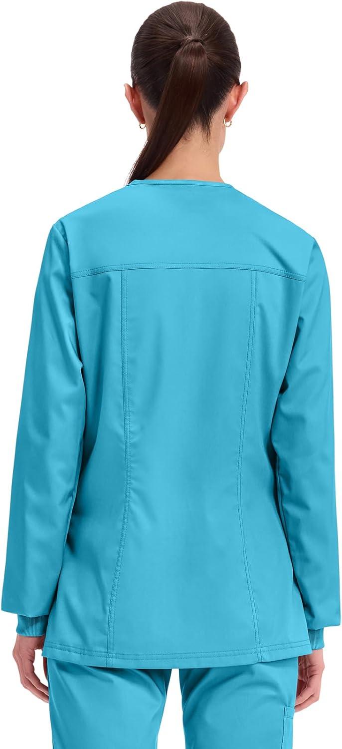 imageCherokee Womens Scrub Jacket Nurse Snap Front Medical Uniform with Pockets 2Way Stretch Easy Care Soft Fabric WW310Turquoise