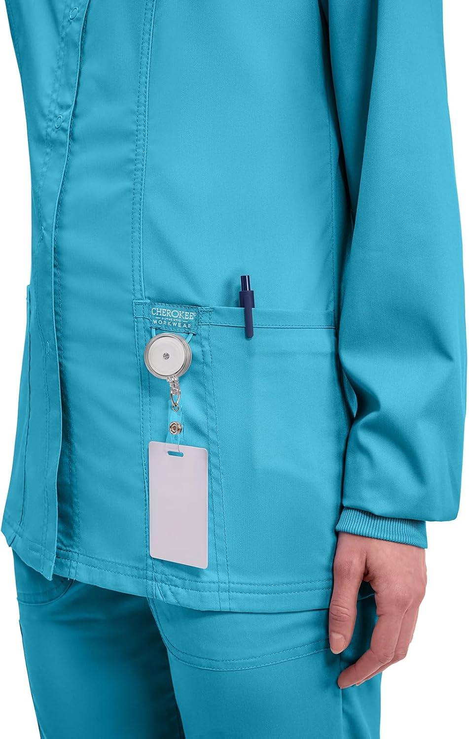 imageCherokee Womens Scrub Jacket Nurse Snap Front Medical Uniform with Pockets 2Way Stretch Easy Care Soft Fabric WW310Turquoise