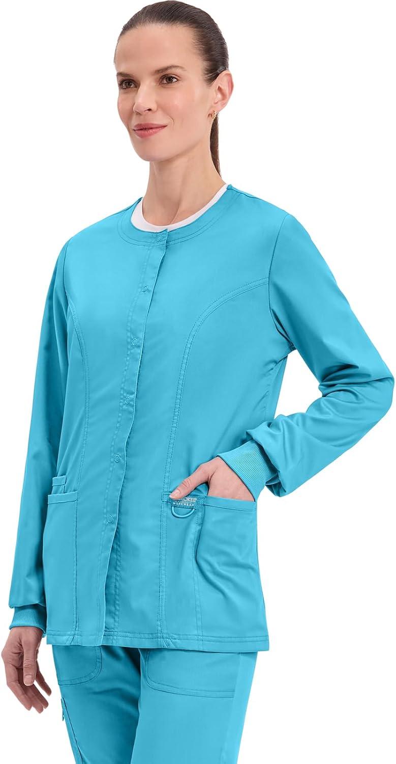 imageCherokee Womens Scrub Jacket Nurse Snap Front Medical Uniform with Pockets 2Way Stretch Easy Care Soft Fabric WW310Turquoise