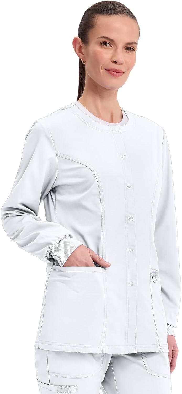 imageCherokee Womens Scrub Jacket Nurse Snap Front Medical Uniform with Pockets 2Way Stretch Easy Care Soft Fabric WW310White
