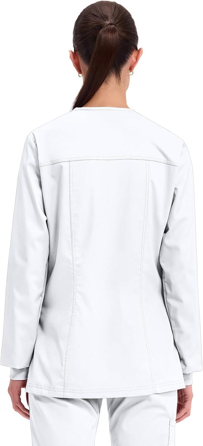 imageCherokee Womens Scrub Jacket Nurse Snap Front Medical Uniform with Pockets 2Way Stretch Easy Care Soft Fabric WW310White