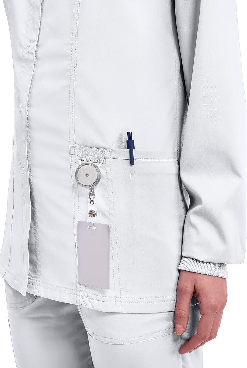 imageCherokee Womens Scrub Jacket Nurse Snap Front Medical Uniform with Pockets 2Way Stretch Easy Care Soft Fabric WW310White