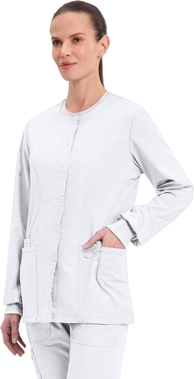 imageCherokee Womens Scrub Jacket Nurse Snap Front Medical Uniform with Pockets 2Way Stretch Easy Care Soft Fabric WW310White