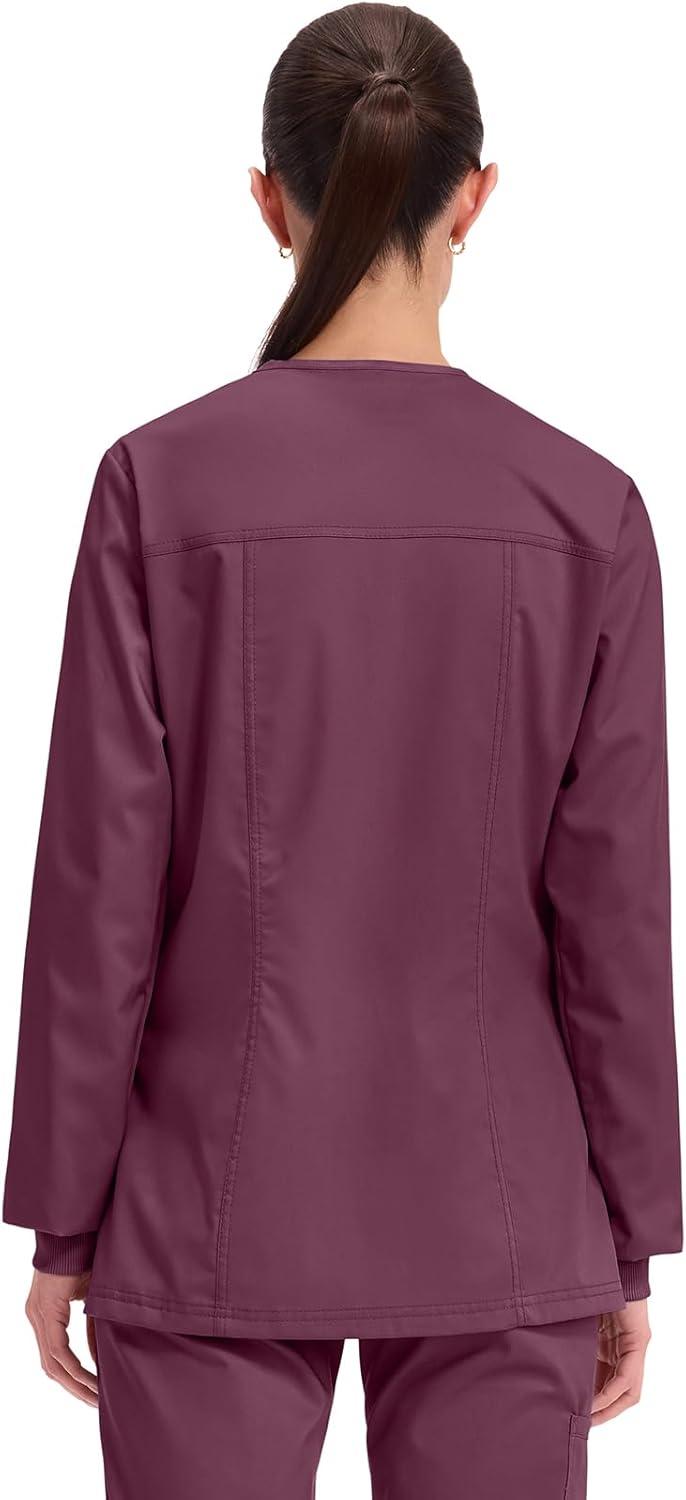 imageCherokee Womens Scrub Jacket Nurse Snap Front Medical Uniform with Pockets 2Way Stretch Easy Care Soft Fabric WW310Wine