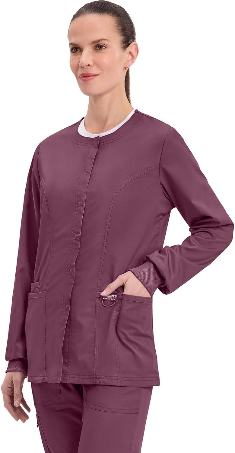imageCherokee Womens Scrub Jacket Nurse Snap Front Medical Uniform with Pockets 2Way Stretch Easy Care Soft Fabric WW310Wine