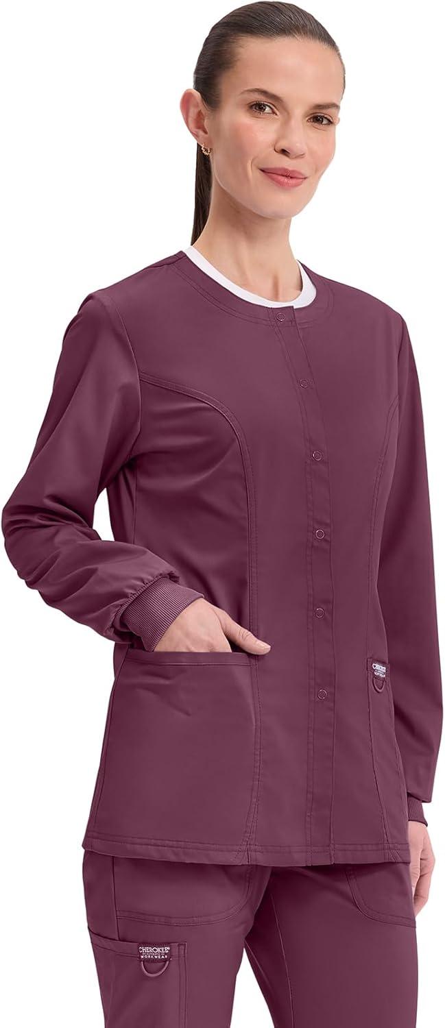 imageCherokee Womens Scrub Jacket Nurse Snap Front Medical Uniform with Pockets 2Way Stretch Easy Care Soft Fabric WW310Wine