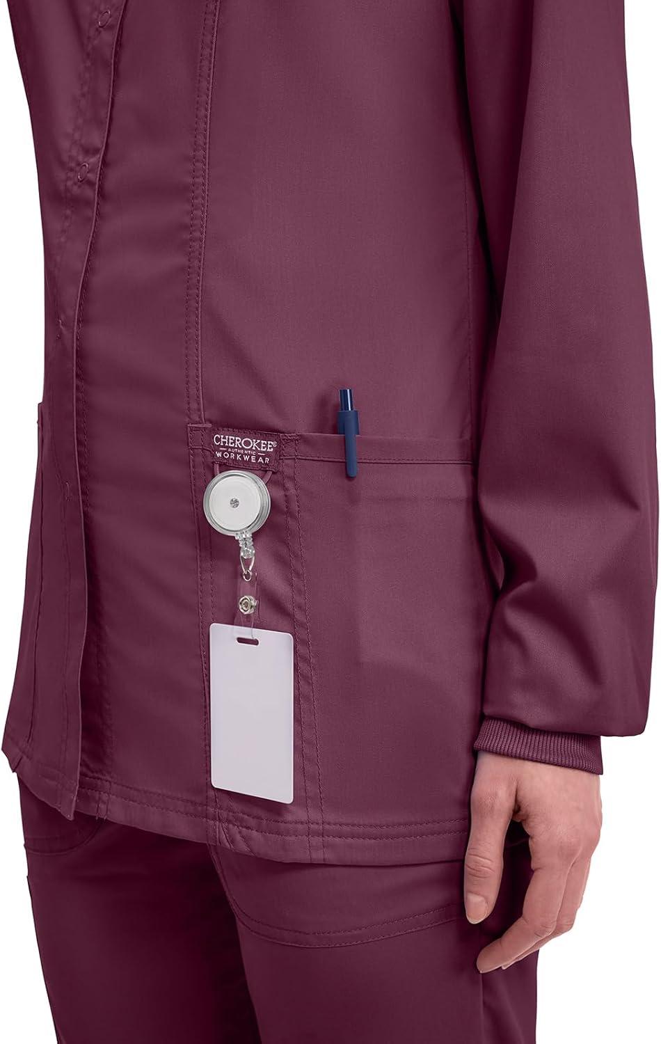 imageCherokee Womens Scrub Jacket Nurse Snap Front Medical Uniform with Pockets 2Way Stretch Easy Care Soft Fabric WW310Wine