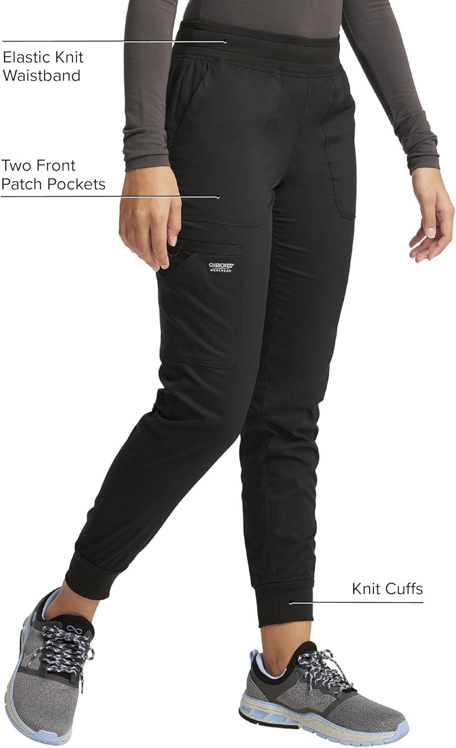 imageCherokee Womens Scrub Jogger Pants Modern Classic Fit Mid Rise Bottom with 5 Pockets Elastic Knit Waistband WW115Black