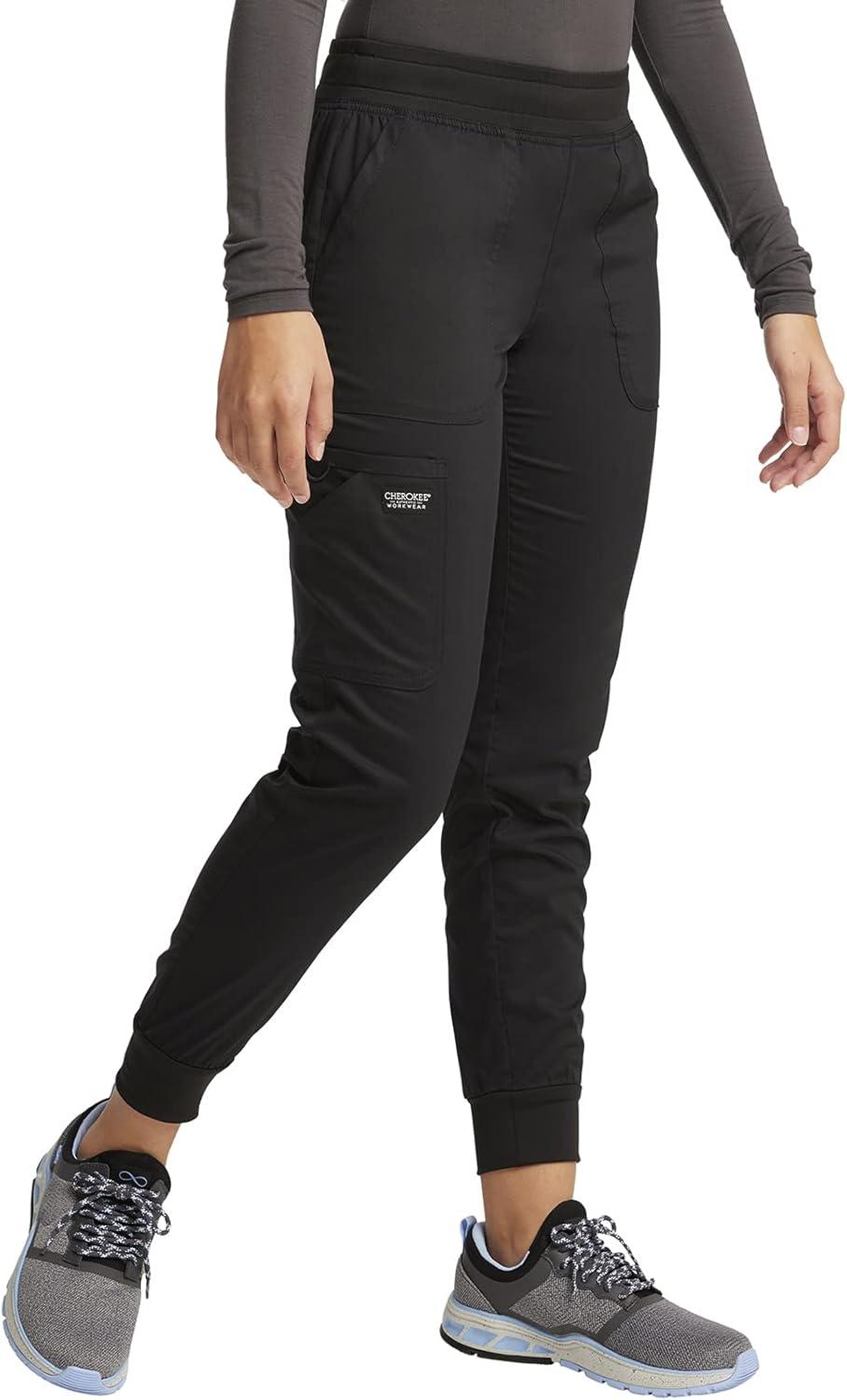 imageCherokee Womens Scrub Jogger Pants Modern Classic Fit Mid Rise Bottom with 5 Pockets Elastic Knit Waistband WW115Black