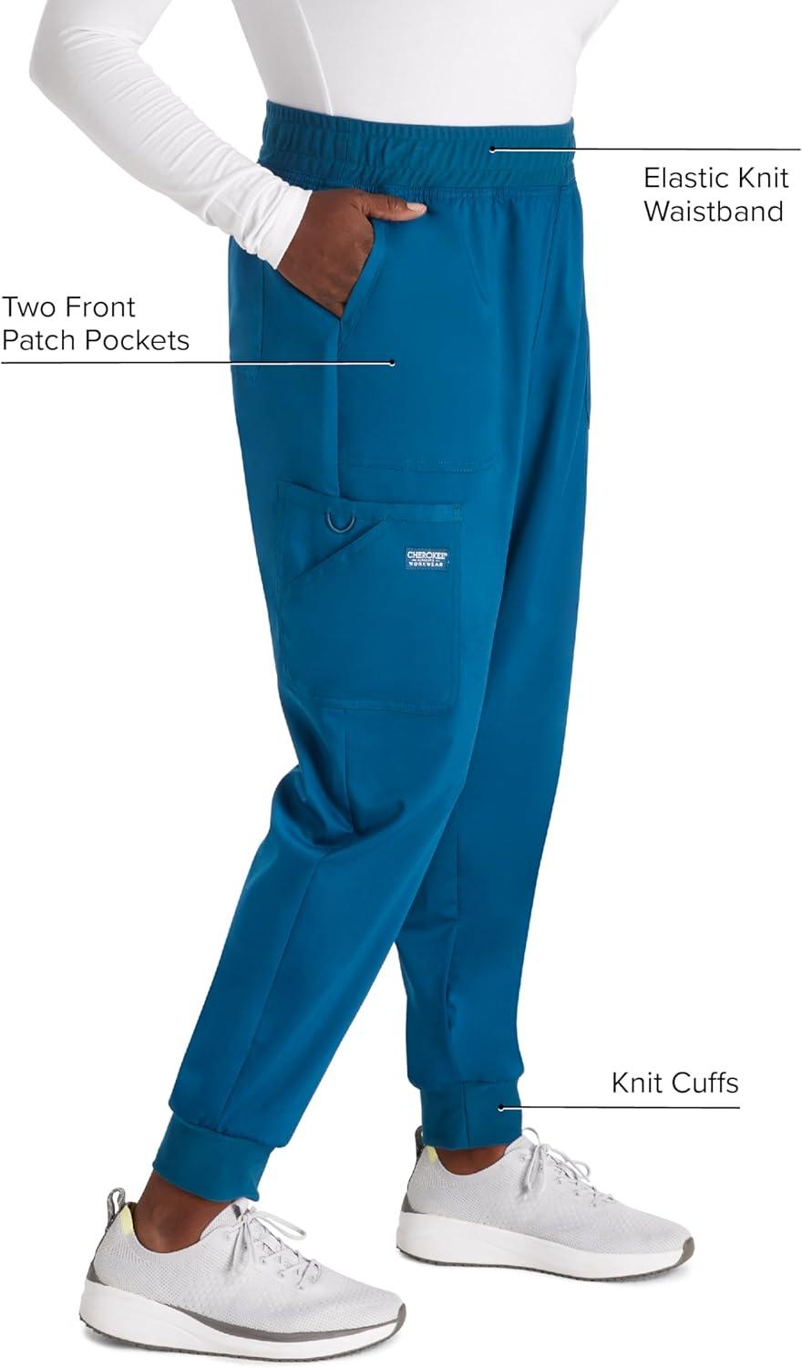 imageCherokee Womens Scrub Jogger Pants Modern Classic Fit Mid Rise Bottom with 5 Pockets Elastic Knit Waistband WW115Caribbean Blue