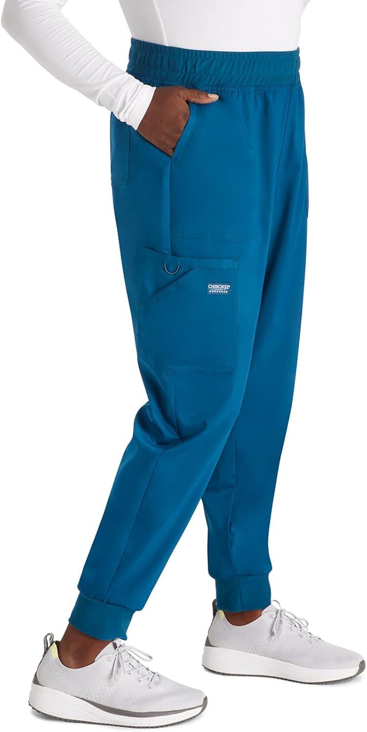imageCherokee Womens Scrub Jogger Pants Modern Classic Fit Mid Rise Bottom with 5 Pockets Elastic Knit Waistband WW115Caribbean Blue