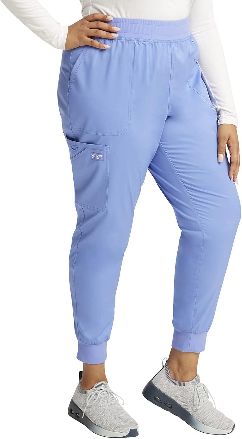 imageCherokee Womens Scrub Jogger Pants Modern Classic Fit Mid Rise Bottom with 5 Pockets Elastic Knit Waistband WW115Ciel