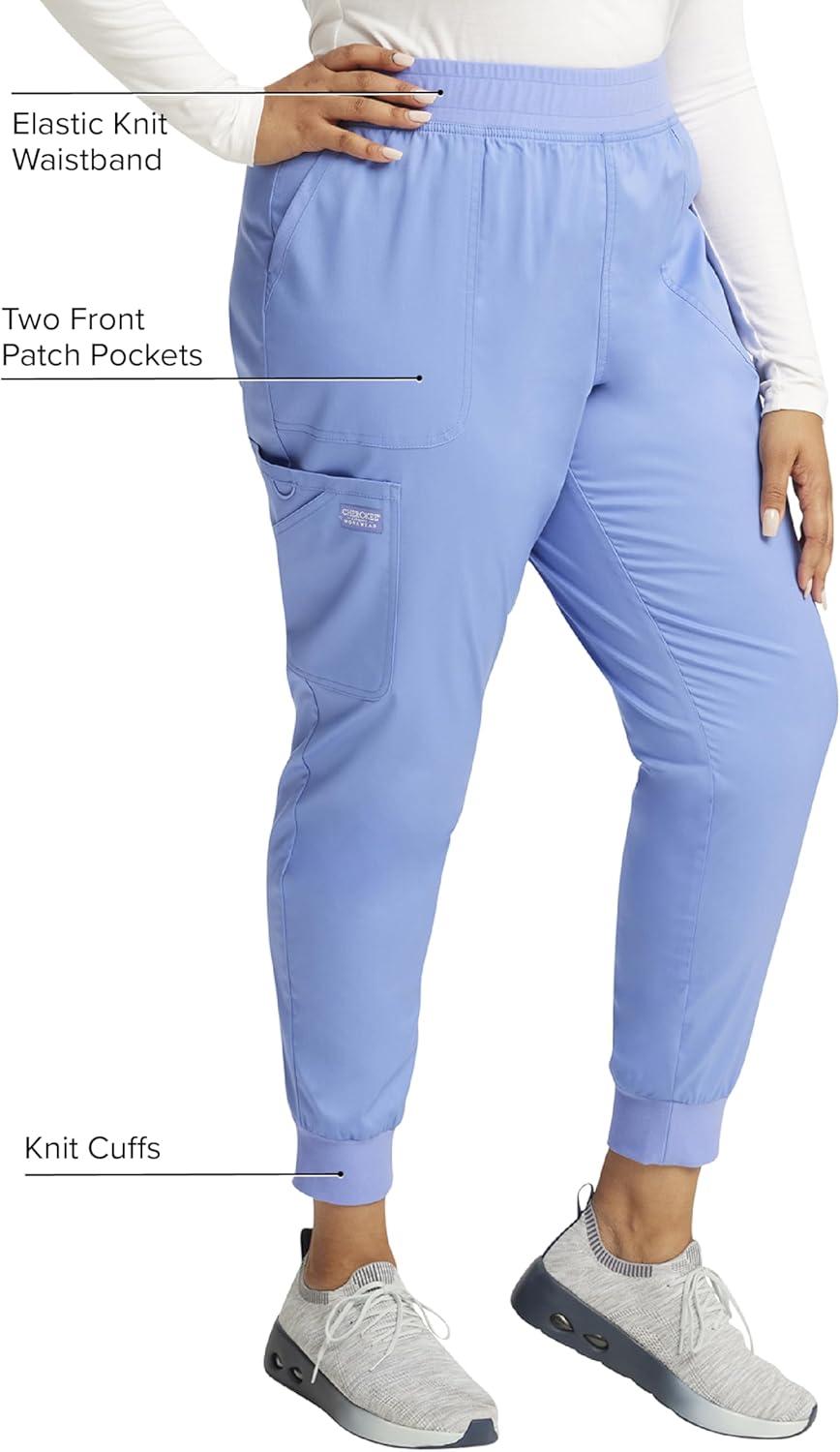 imageCherokee Womens Scrub Jogger Pants Modern Classic Fit Mid Rise Bottom with 5 Pockets Elastic Knit Waistband WW115Ciel