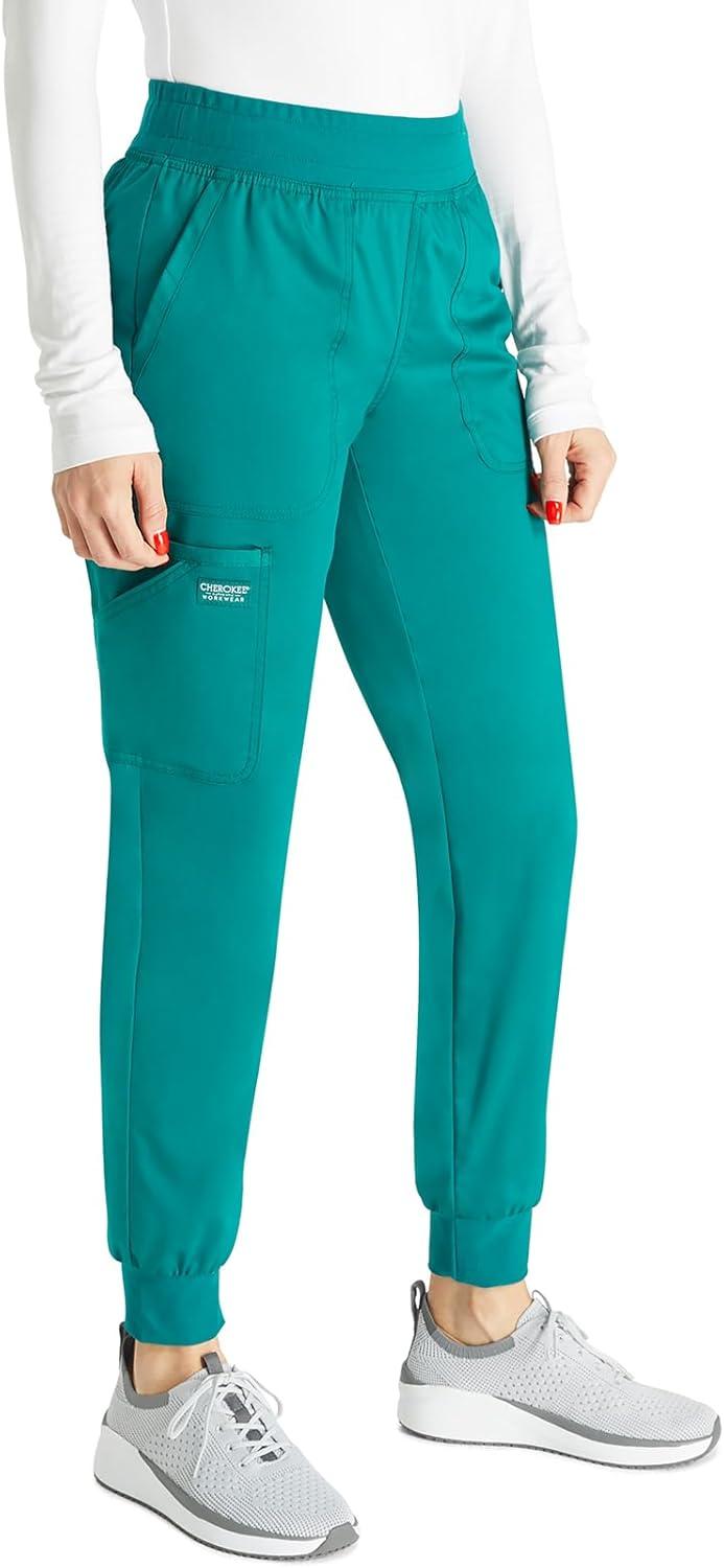 imageCherokee Womens Scrub Jogger Pants Modern Classic Fit Mid Rise Bottom with 5 Pockets Elastic Knit Waistband WW115Hunter Green