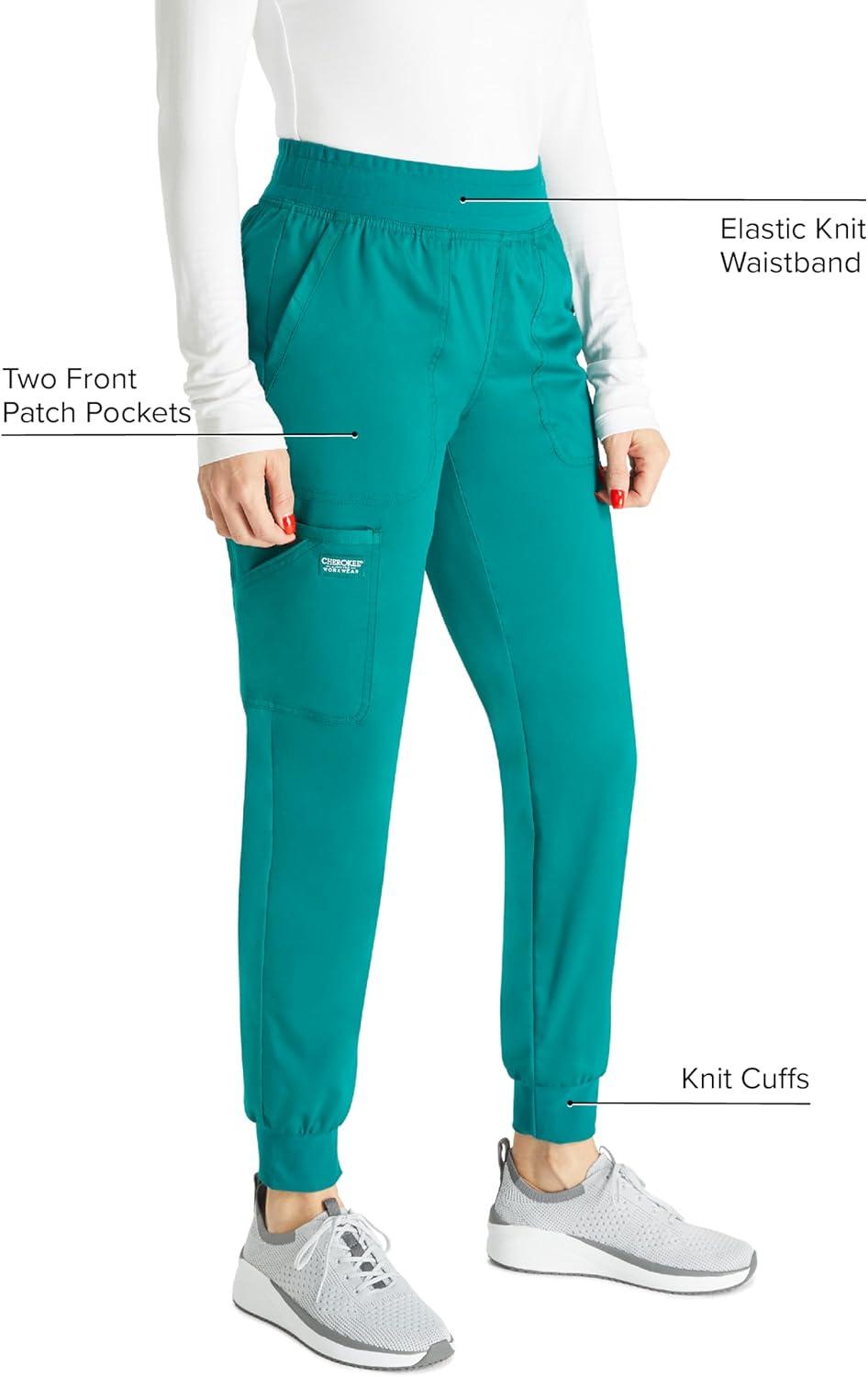 imageCherokee Womens Scrub Jogger Pants Modern Classic Fit Mid Rise Bottom with 5 Pockets Elastic Knit Waistband WW115Hunter Green
