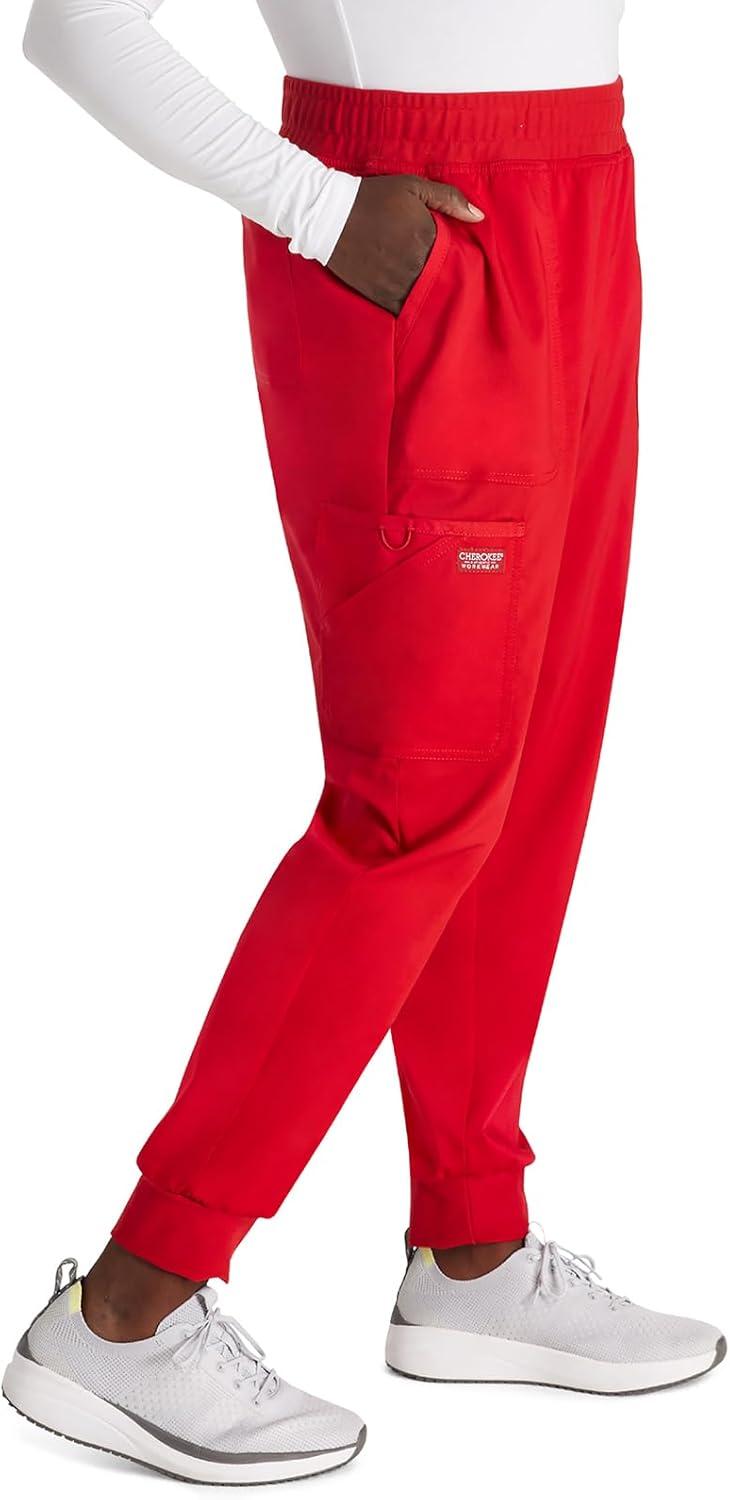 imageCherokee Womens Scrub Jogger Pants Modern Classic Fit Mid Rise Bottom with 5 Pockets Elastic Knit Waistband WW115Red