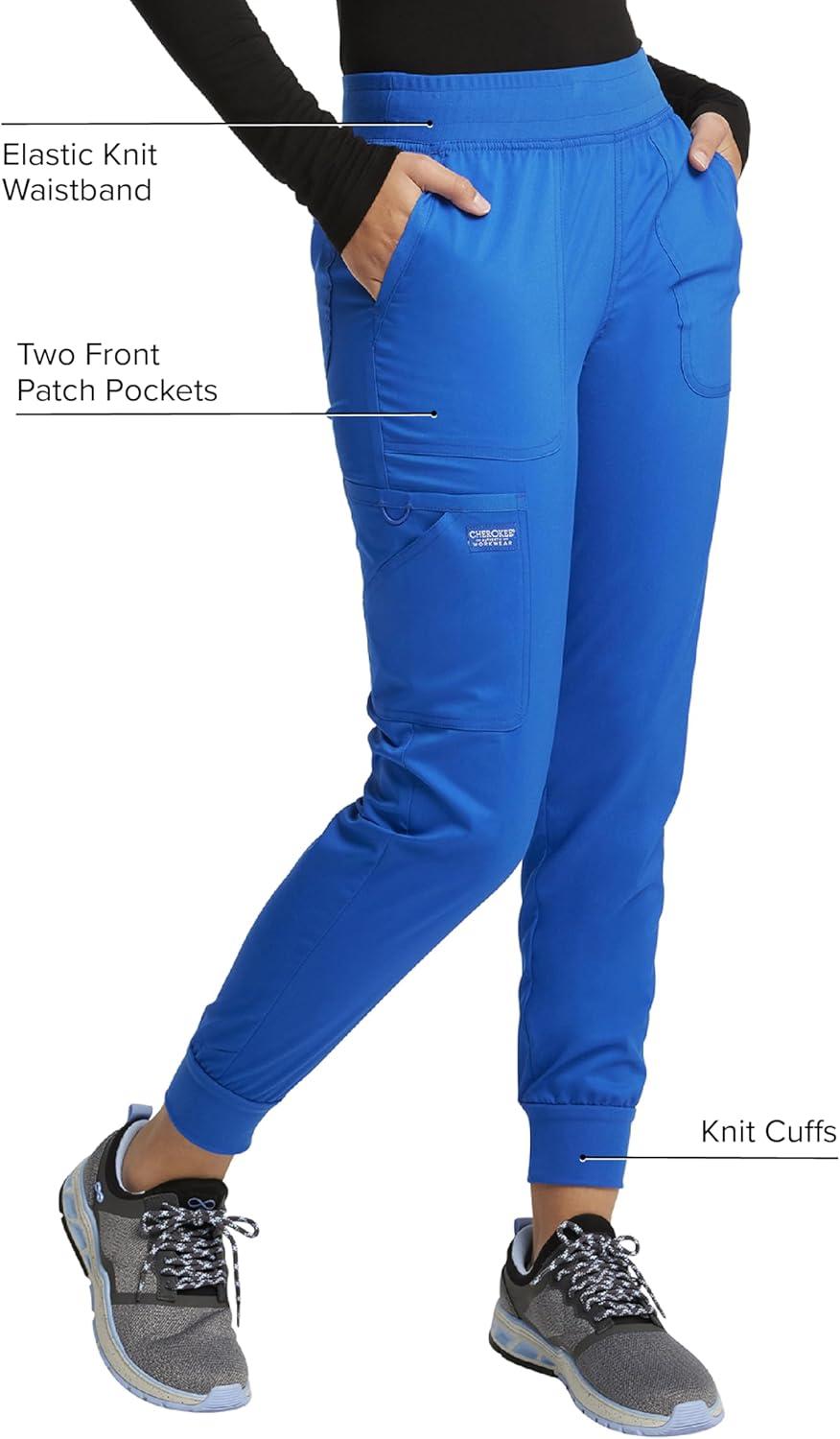 imageCherokee Womens Scrub Jogger Pants Modern Classic Fit Mid Rise Bottom with 5 Pockets Elastic Knit Waistband WW115Royal