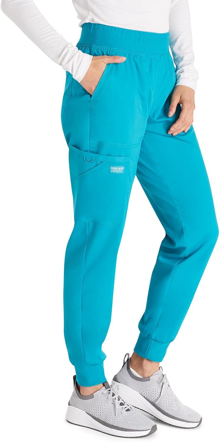 imageCherokee Womens Scrub Jogger Pants Modern Classic Fit Mid Rise Bottom with 5 Pockets Elastic Knit Waistband WW115Teal Blue