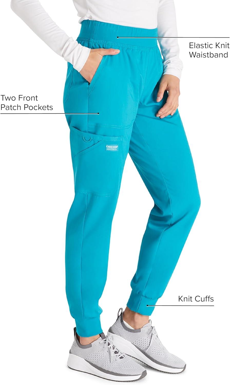 imageCherokee Womens Scrub Jogger Pants Modern Classic Fit Mid Rise Bottom with 5 Pockets Elastic Knit Waistband WW115Teal Blue