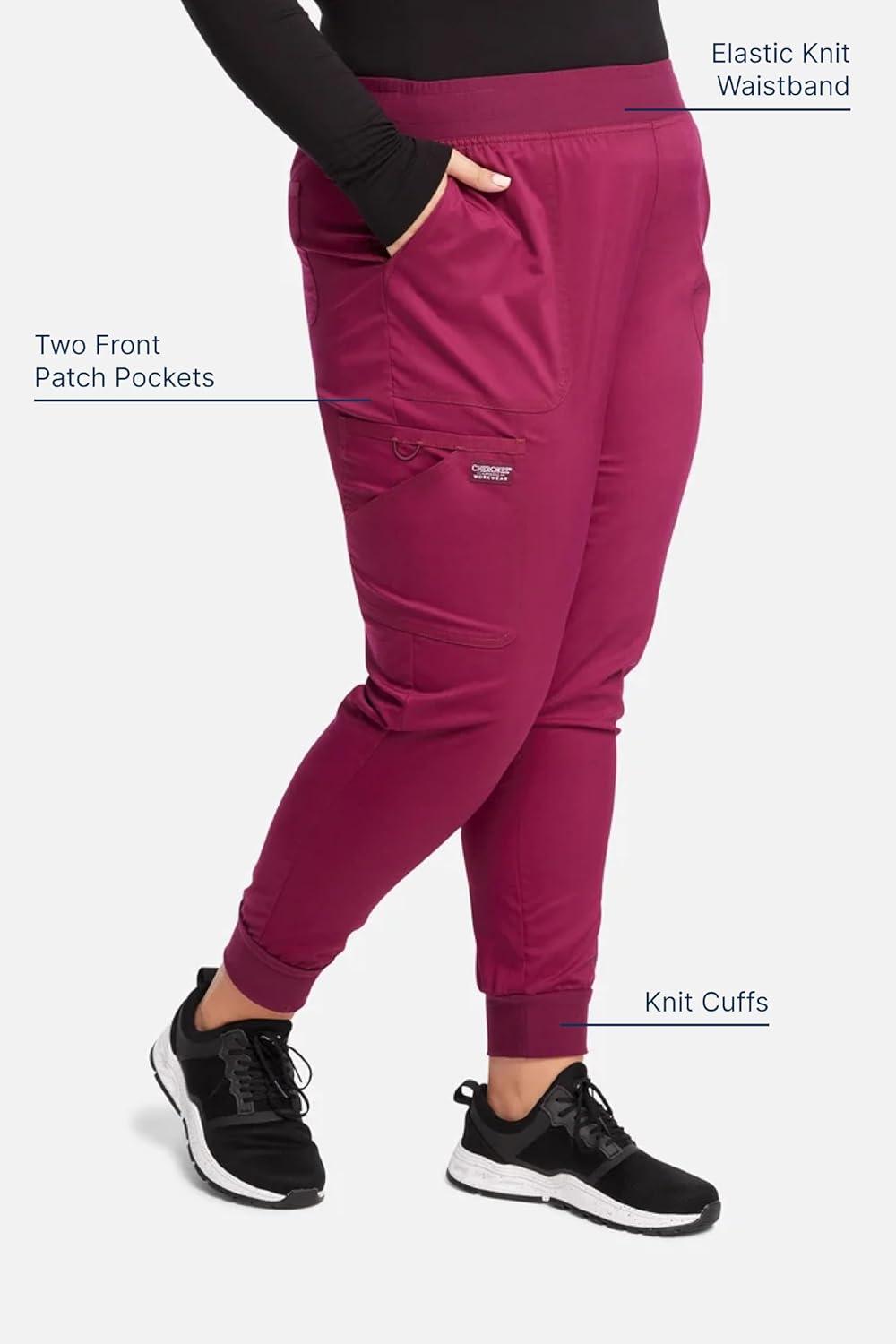 imageCherokee Womens Scrub Jogger Pants Modern Classic Fit Mid Rise Bottom with 5 Pockets Elastic Knit Waistband WW115Wine