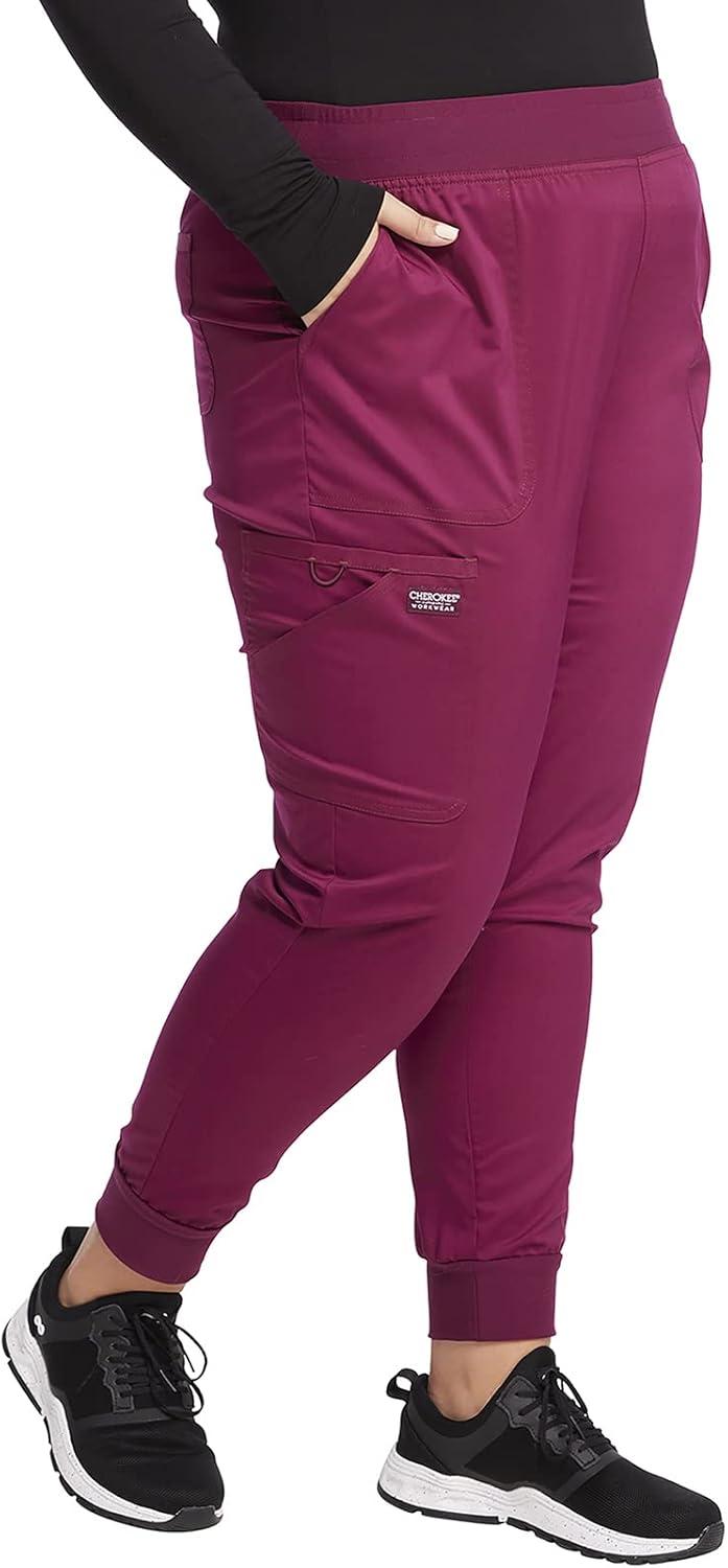 imageCherokee Womens Scrub Jogger Pants Modern Classic Fit Mid Rise Bottom with 5 Pockets Elastic Knit Waistband WW115Wine
