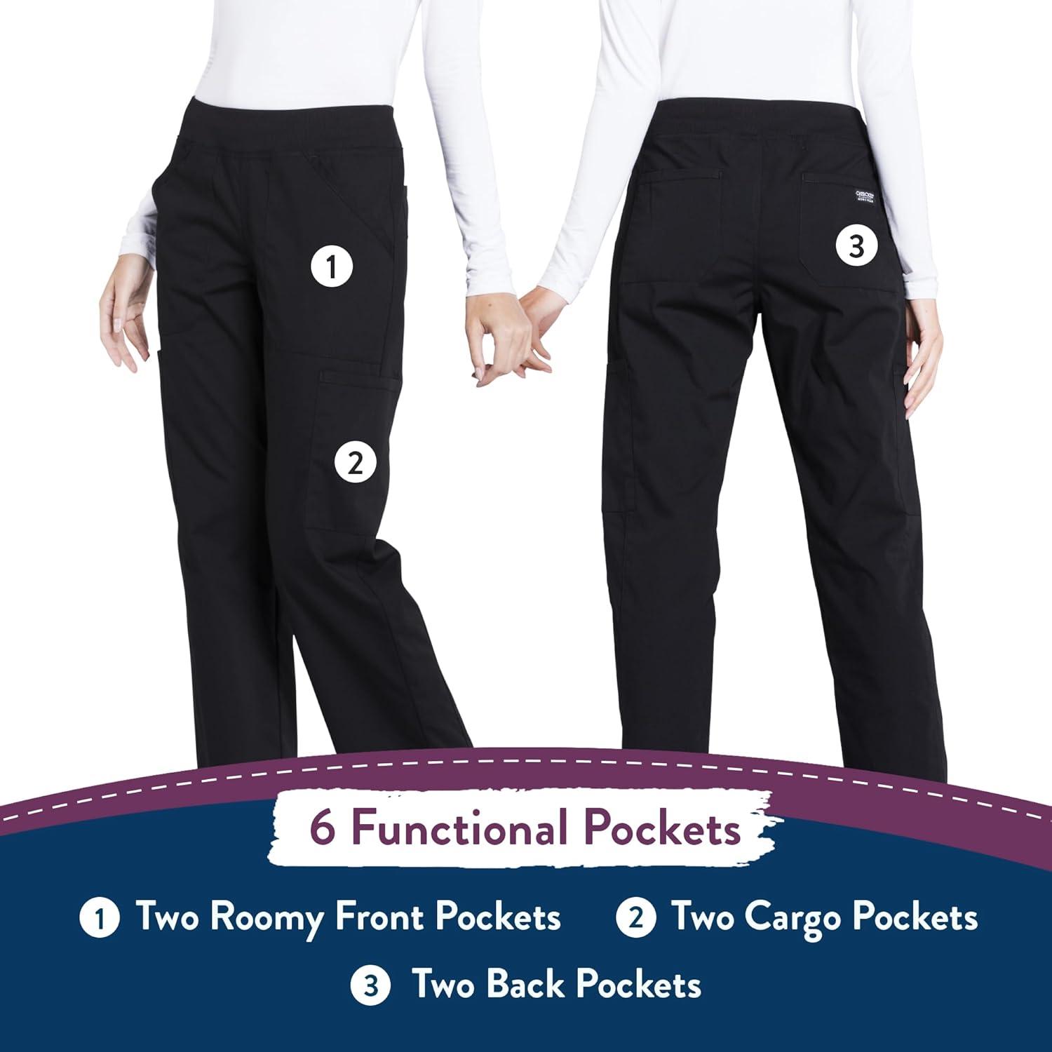 imageCherokee Womens Scrub Pants Mid Rise Straight Leg Pullon Cargo Pant with 6 Pockets amp 2Way Stretch Fabric WW170Black