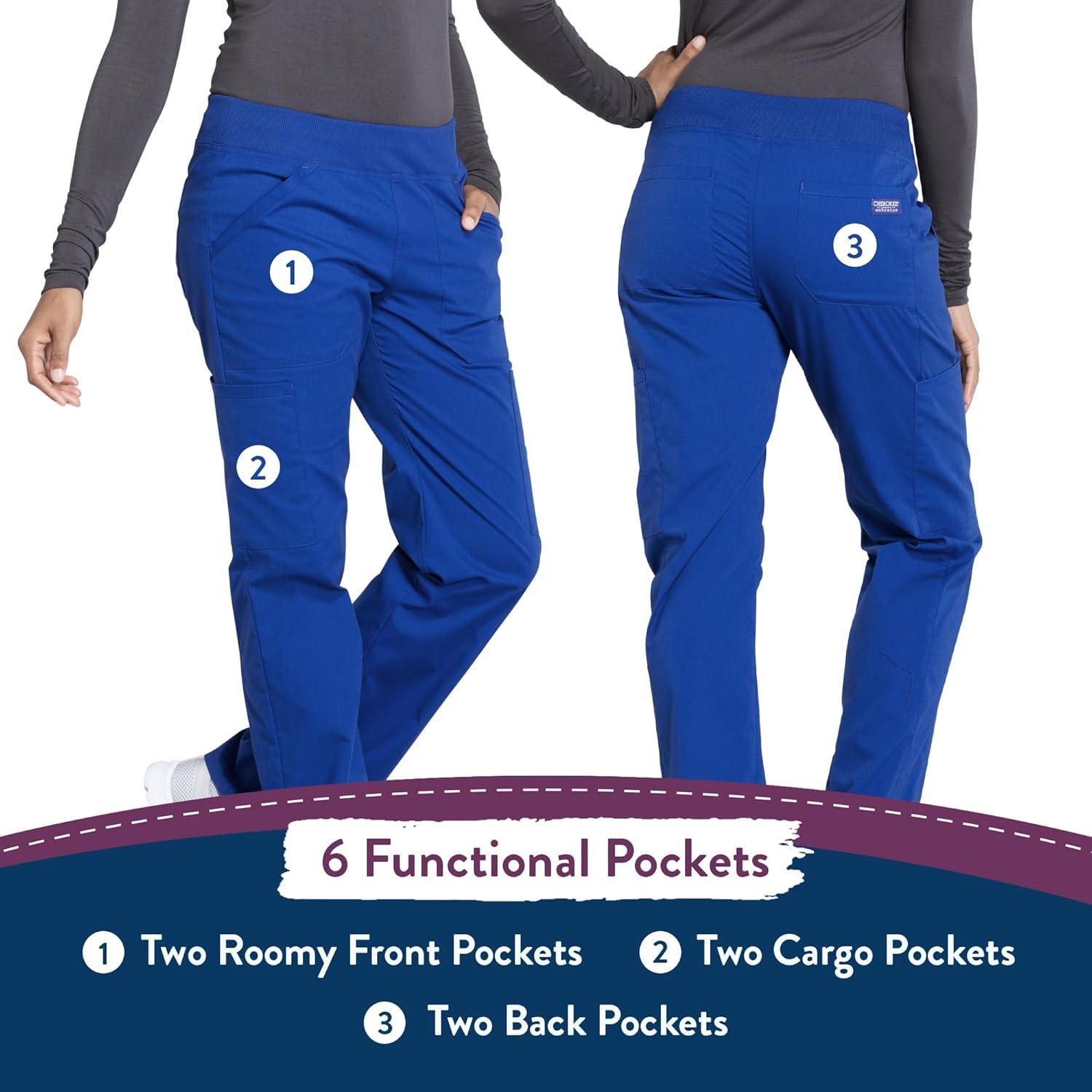 imageCherokee Womens Scrub Pants Mid Rise Straight Leg Pullon Cargo Pant with 6 Pockets amp 2Way Stretch Fabric WW170Galaxy Blue