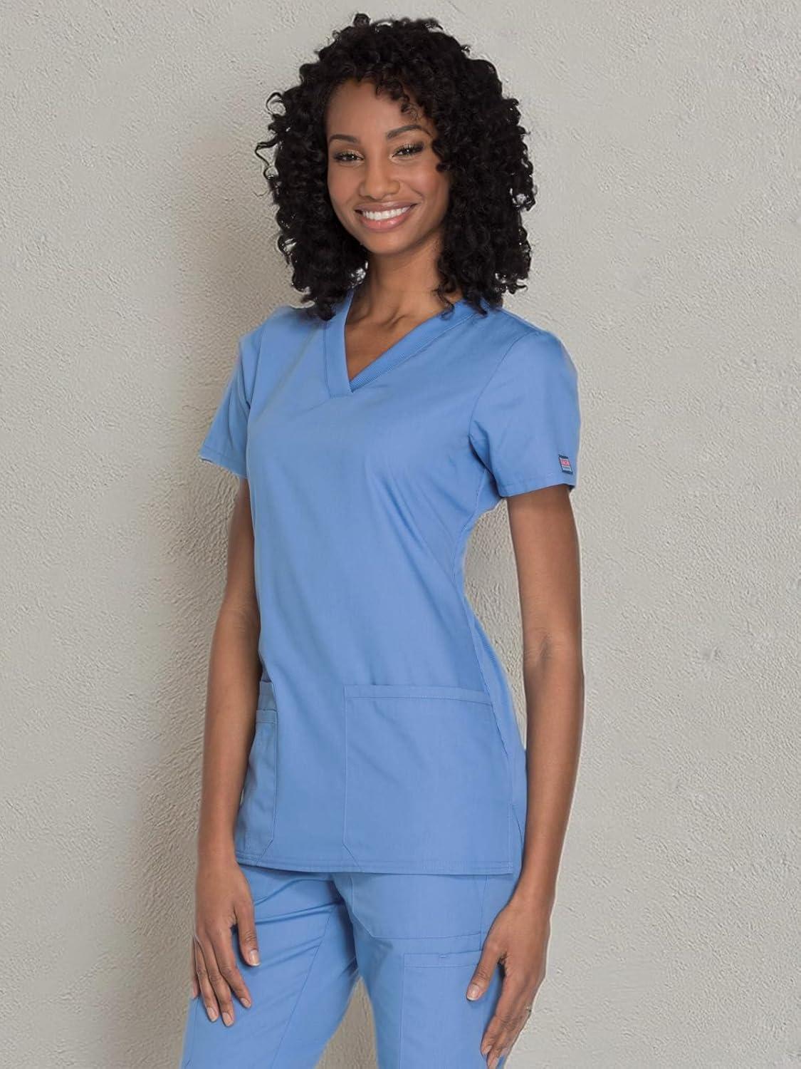 imageCherokee Womens VNeck Scrub Top Modern Classic Shirt with 3 Pockets Instrument Loop amp Fade Resistant Fabric WW645Ciel