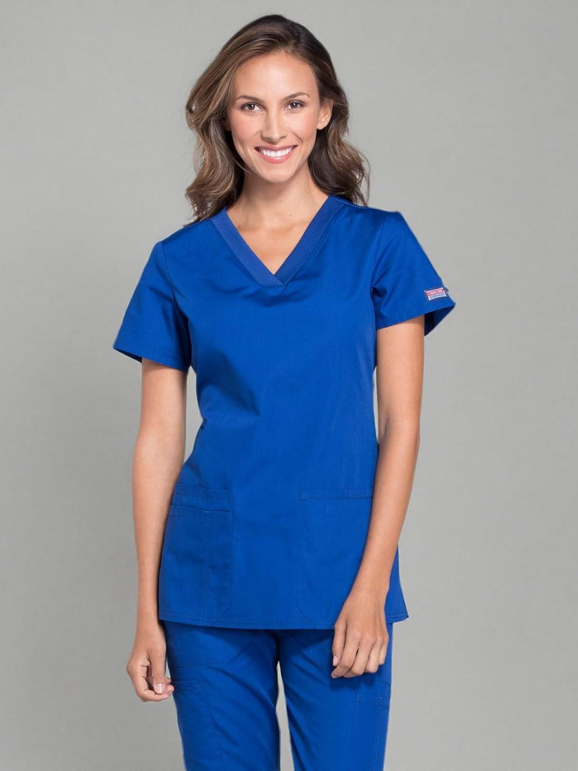 imageCherokee Womens VNeck Scrub Top Modern Classic Shirt with 3 Pockets Instrument Loop amp Fade Resistant Fabric WW645Galaxy Blue