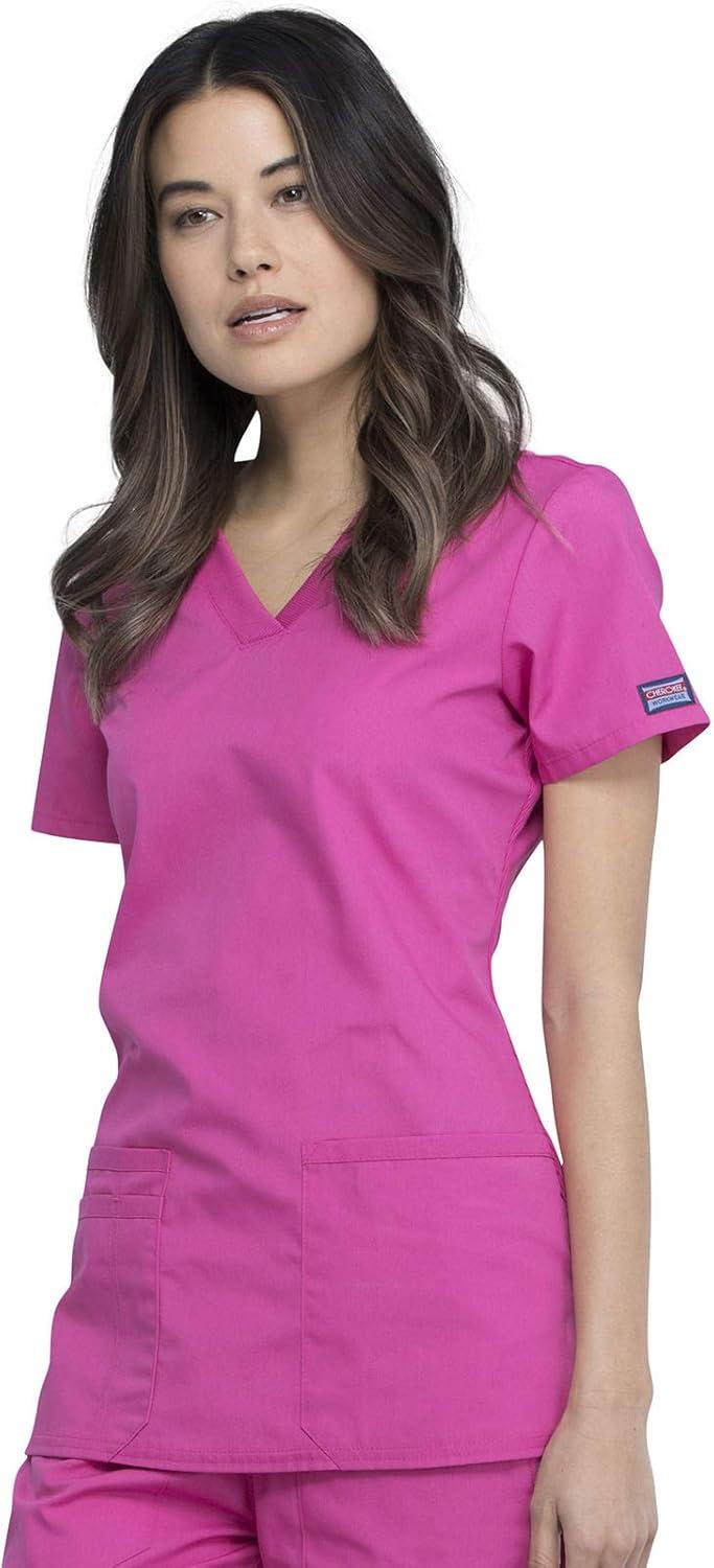 imageCherokee Womens VNeck Scrub Top Modern Classic Shirt with 3 Pockets Instrument Loop amp Fade Resistant Fabric WW645Shocking Pink