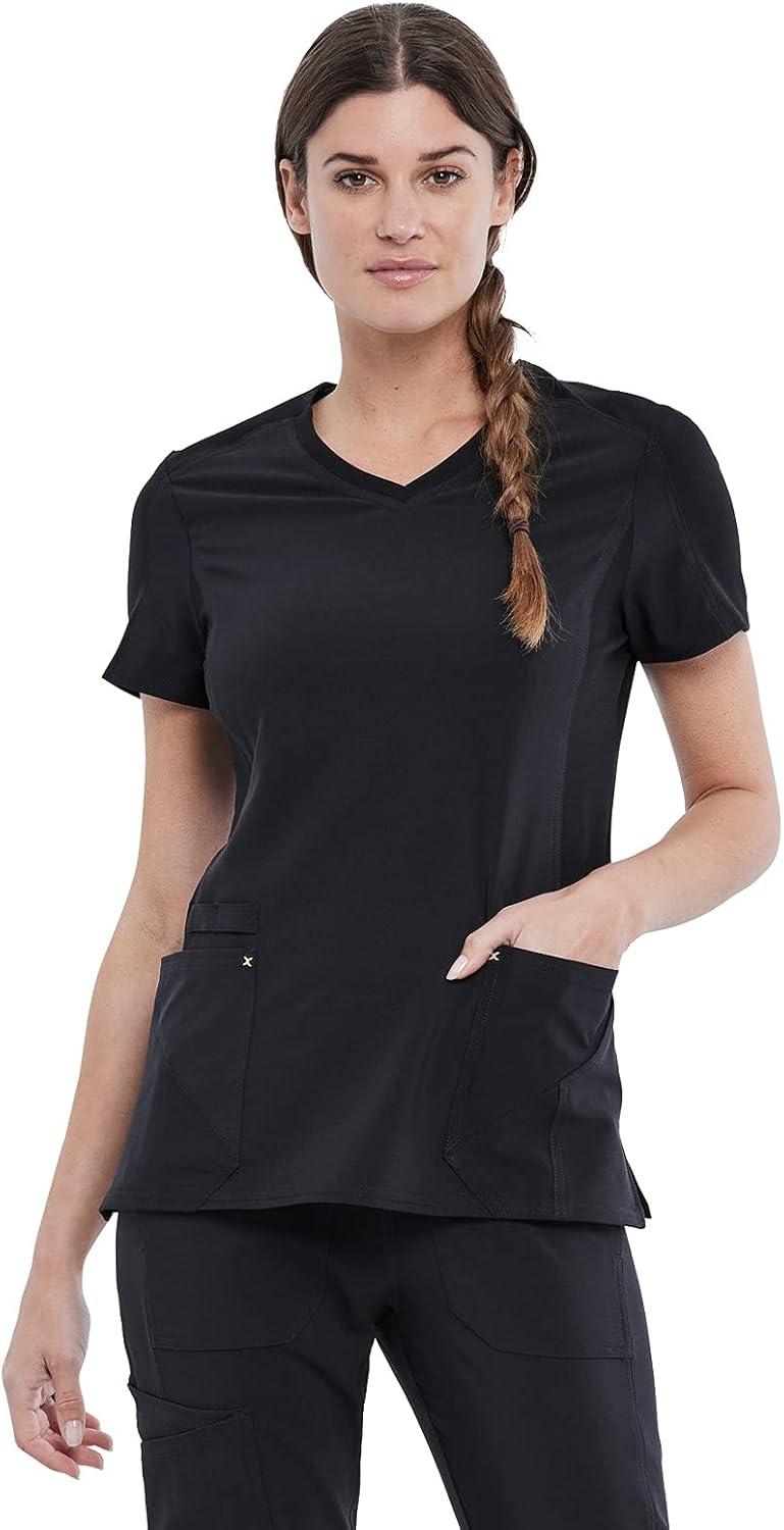 imageCherokee Womens VNeck Scrub Top 4 Pockets with Yokes amp Sleeve Insets Ideal for Medical Professionals CK711Black