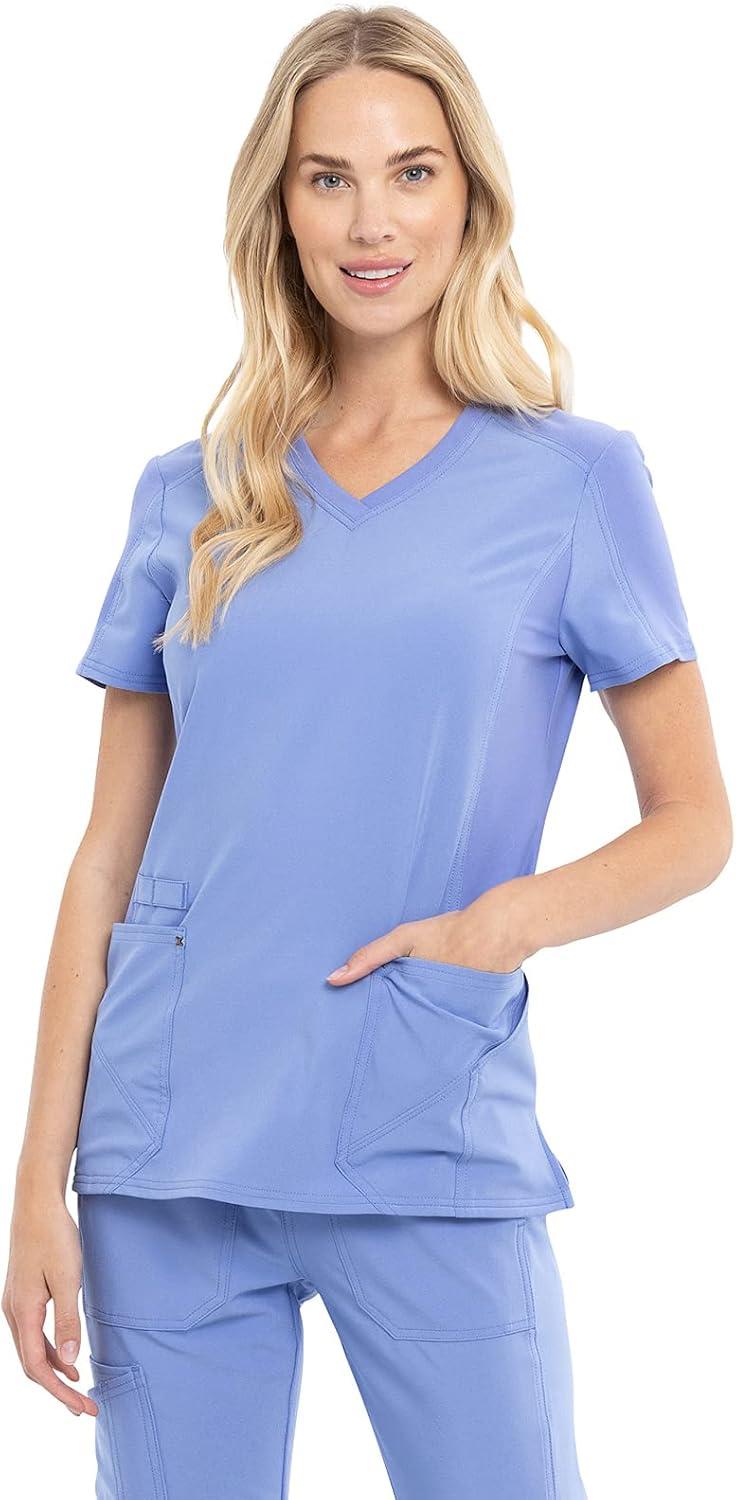 imageCherokee Womens VNeck Scrub Top 4 Pockets with Yokes amp Sleeve Insets Ideal for Medical Professionals CK711Ciel Blue