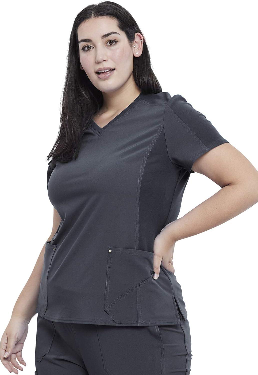 imageCherokee Womens VNeck Scrub Top 4 Pockets with Yokes amp Sleeve Insets Ideal for Medical Professionals CK711Pewter
