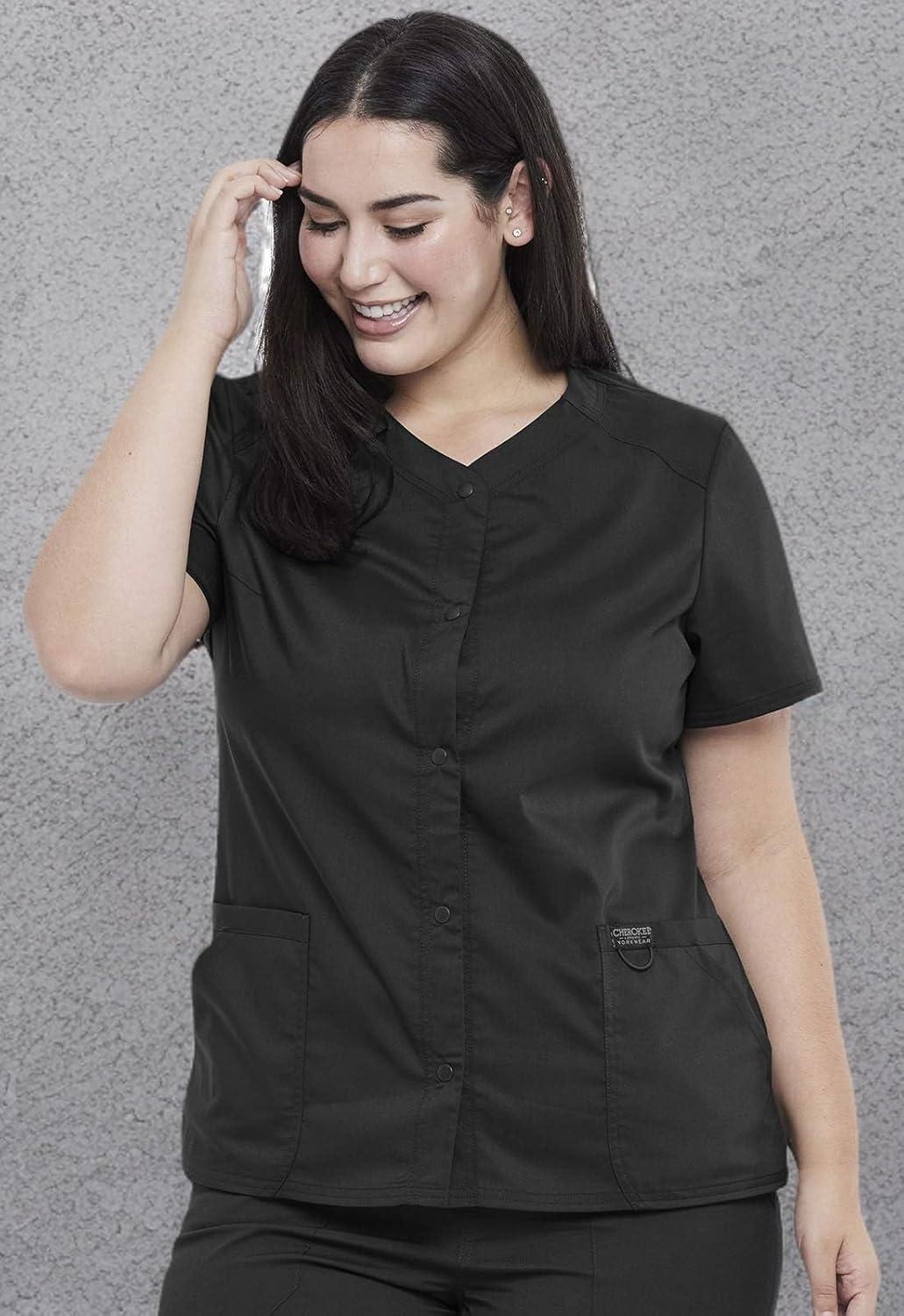 imageCherokee Womens VNeck Scrub Top with Snap Front 4 Pockets and 2Way Stretch Fabric WW622Black