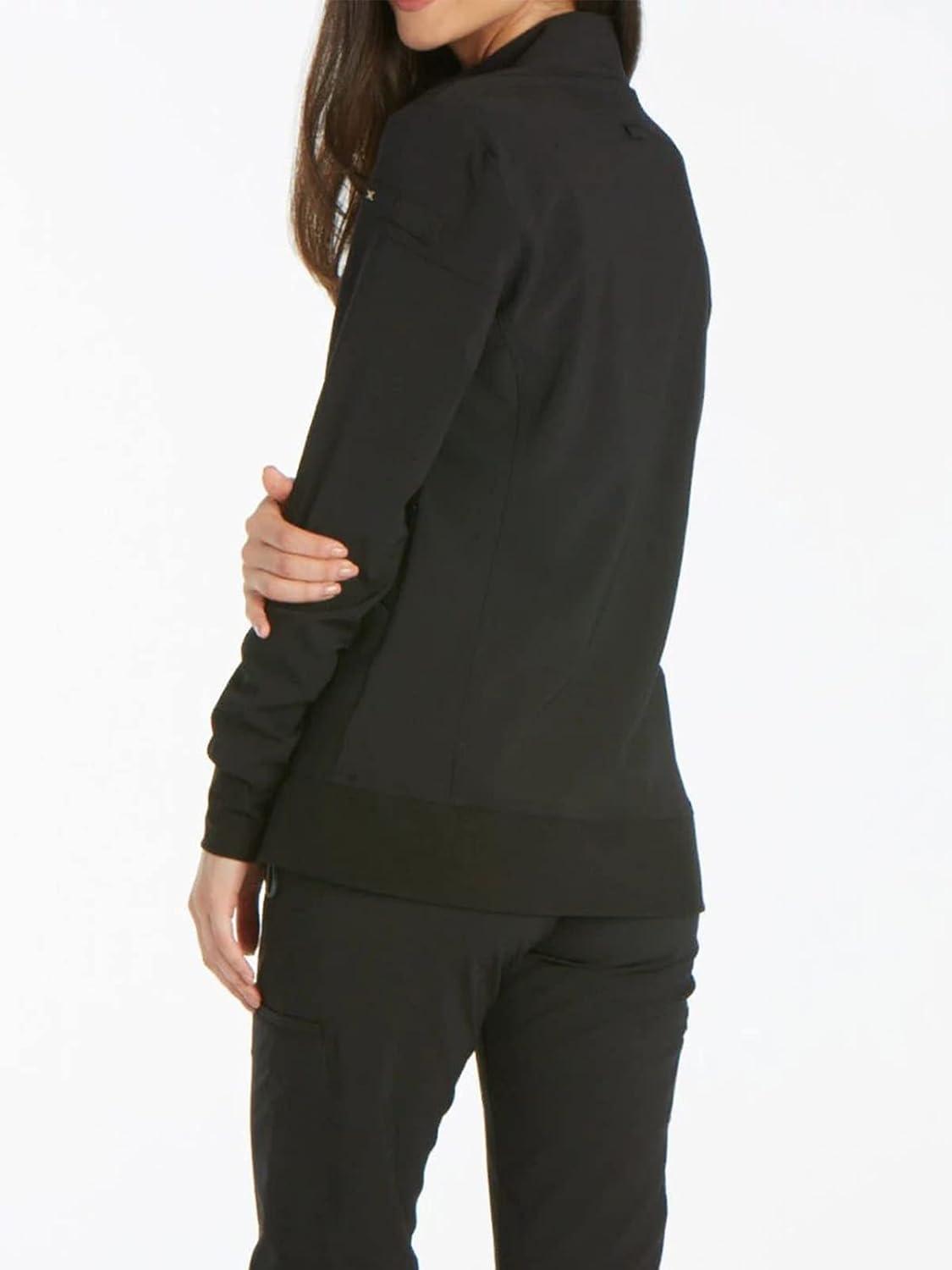imageCherokee Womens Zip Front Scrub Jacket 2 Pockets Princess Seams Moisture Wicking 360 Stretch Fabric CK303Black